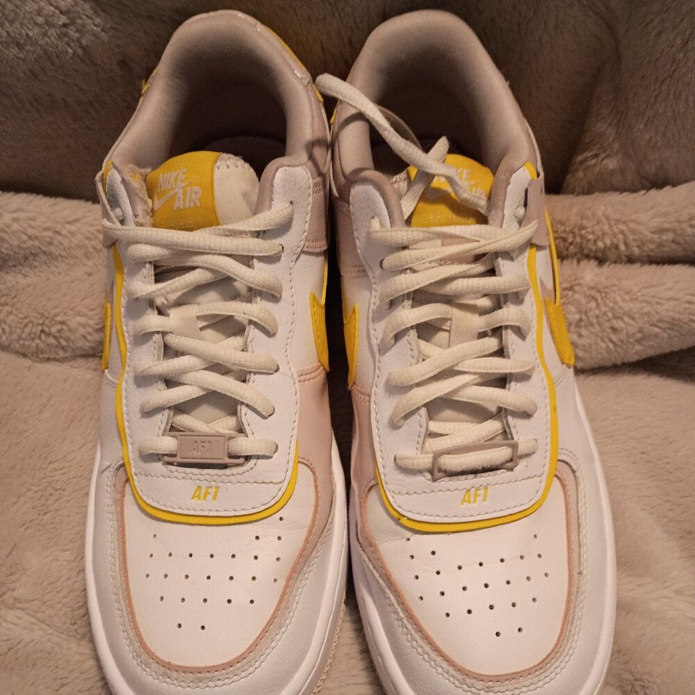 NIKE AIR FORCE 1, Shadow Sunshine (White/ Power Rose/Sunshine Yellow). Size 9.5